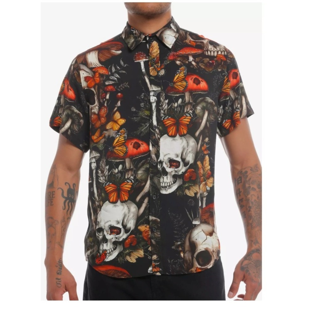 Skull Mushroom Butterfly Dark Botanical Print Button Down Shirt XL 22x26